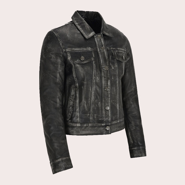 Women Leather Denim Jacket HESMEN