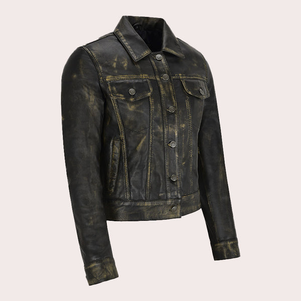 Women Leather Denim Jacket HESMEN