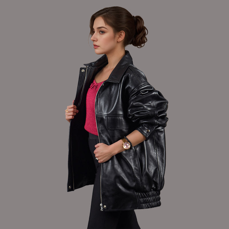 Black Oversized Leather Jacket for Women TASIA