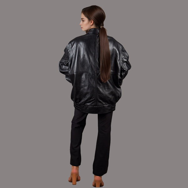 Black Oversized Leather Jacket for Women TASIA