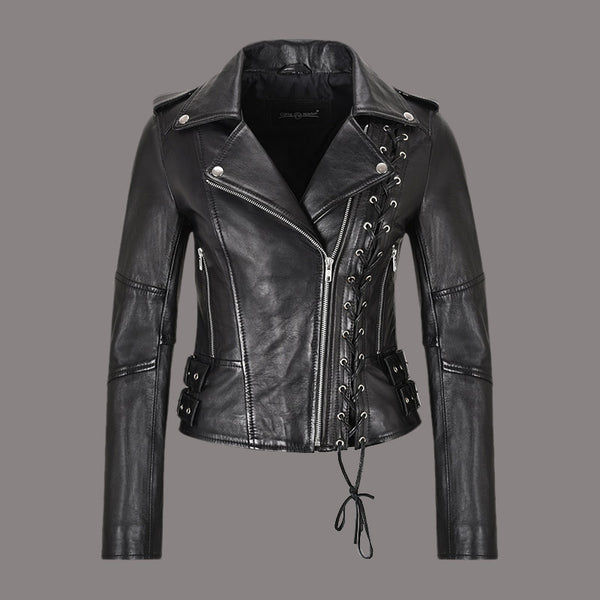 Women Laced Leather Biker Jacket in Black OBSIDIAN