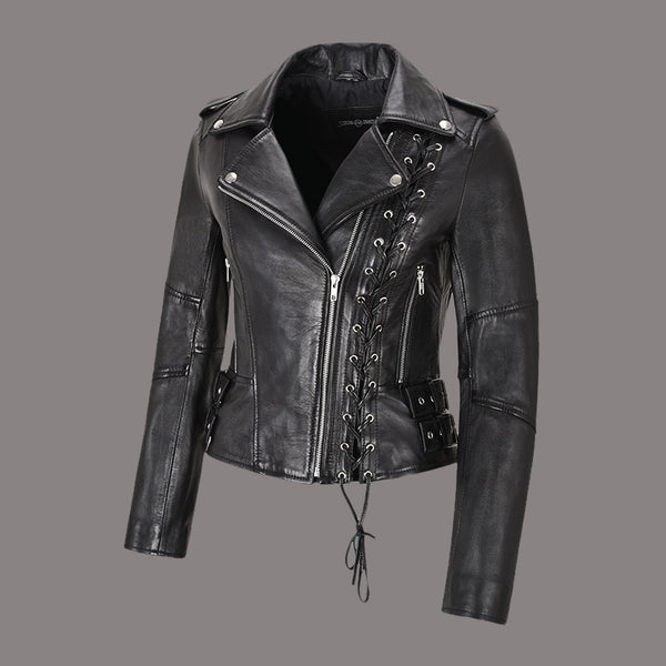 Women Laced Leather Biker Jacket in Black OBSIDIAN