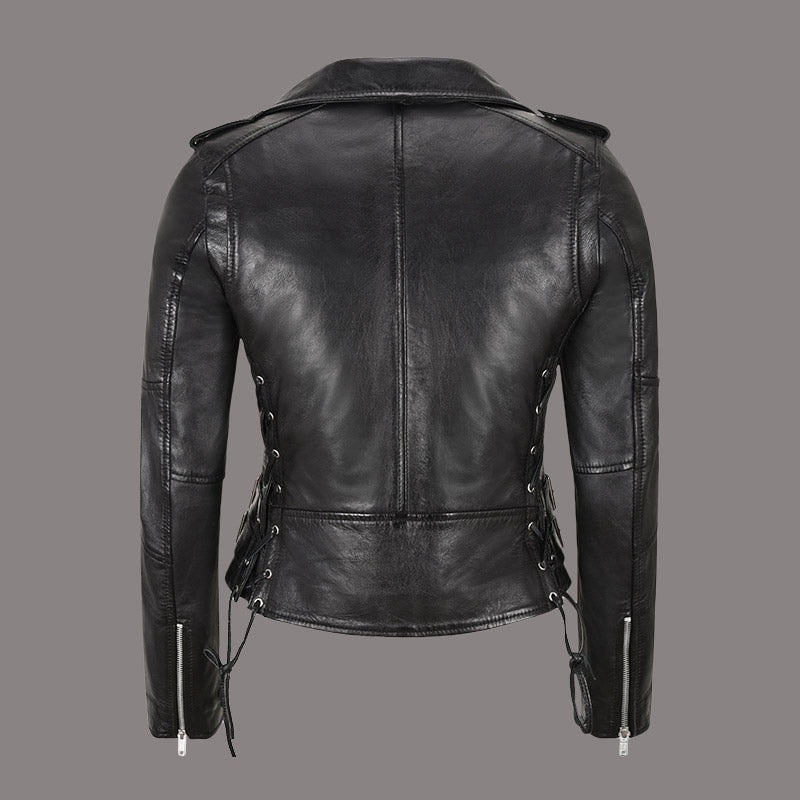 Women Laced Leather Biker Jacket in Black OBSIDIAN