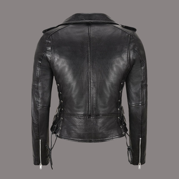 Women Laced Leather Biker Jacket in Black OBSIDIAN