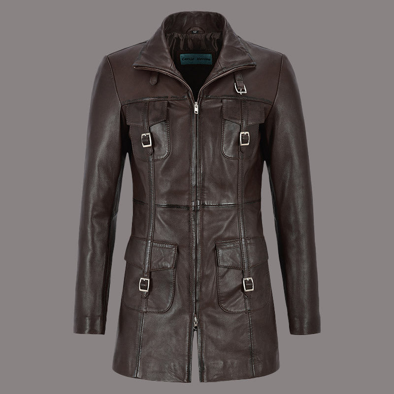 Women Leather Coat Long Jacket FLINTON