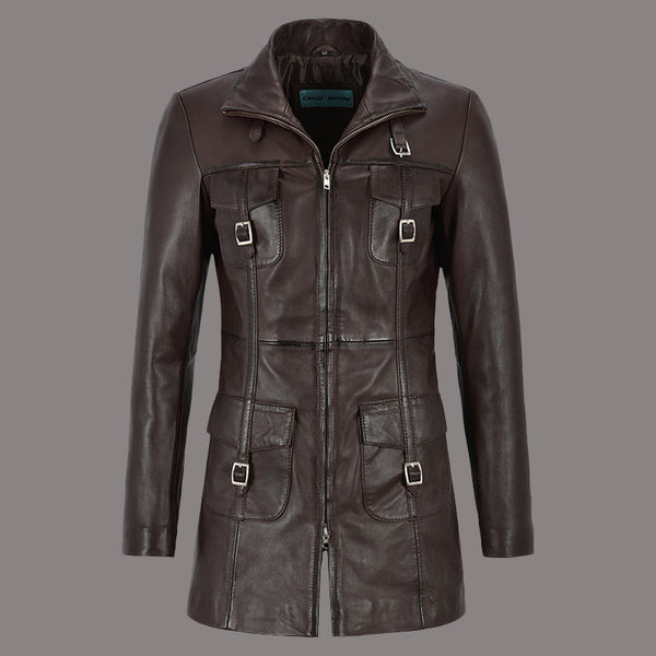 Women Leather Coat Long Jacket FLINTON