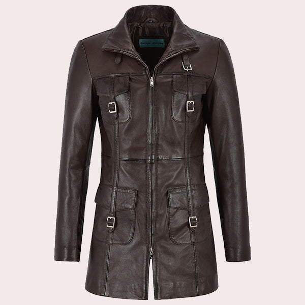 Women Leather Coat Long Jacket FLINTON