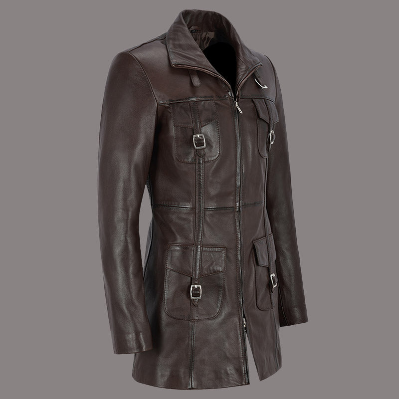 Women Leather Coat Long Jacket FLINTON