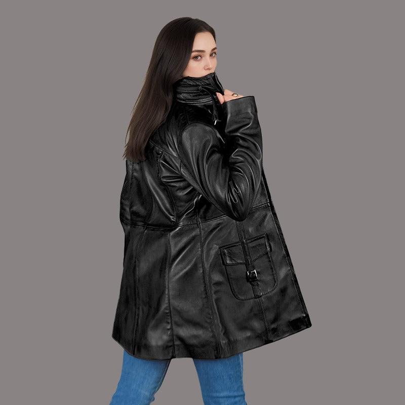 Women Leather Coat Long Jacket FLINTON