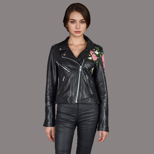 Women Hand Painted Leather Biker Jacket in Black MERGE