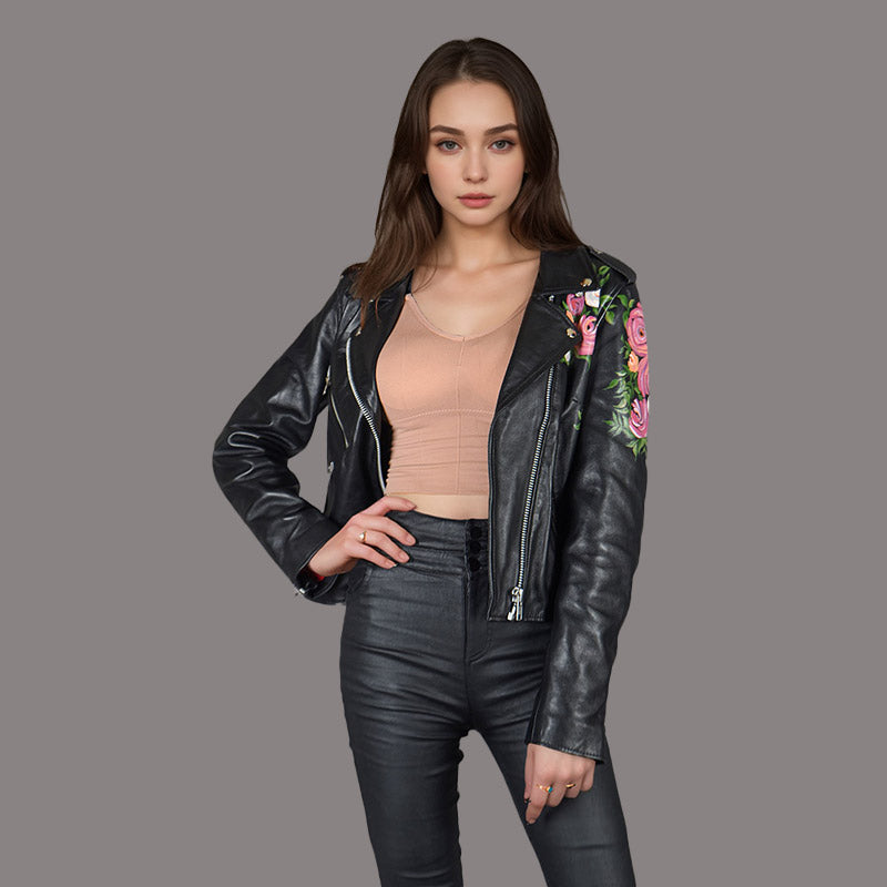 Women Hand Painted Leather Biker Jacket in Black MERGE