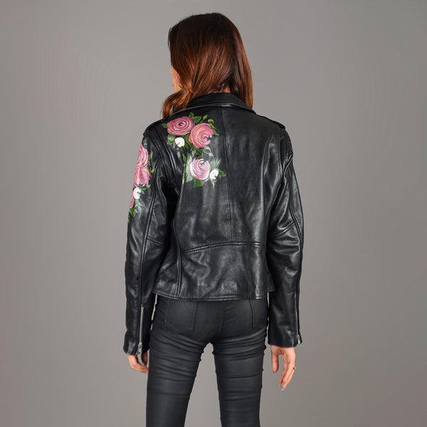 Women Hand Painted Leather Biker Jacket in Black MERGE