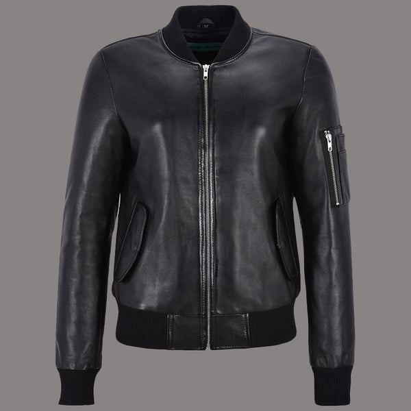 Black Leather Bomber Jacket for Women