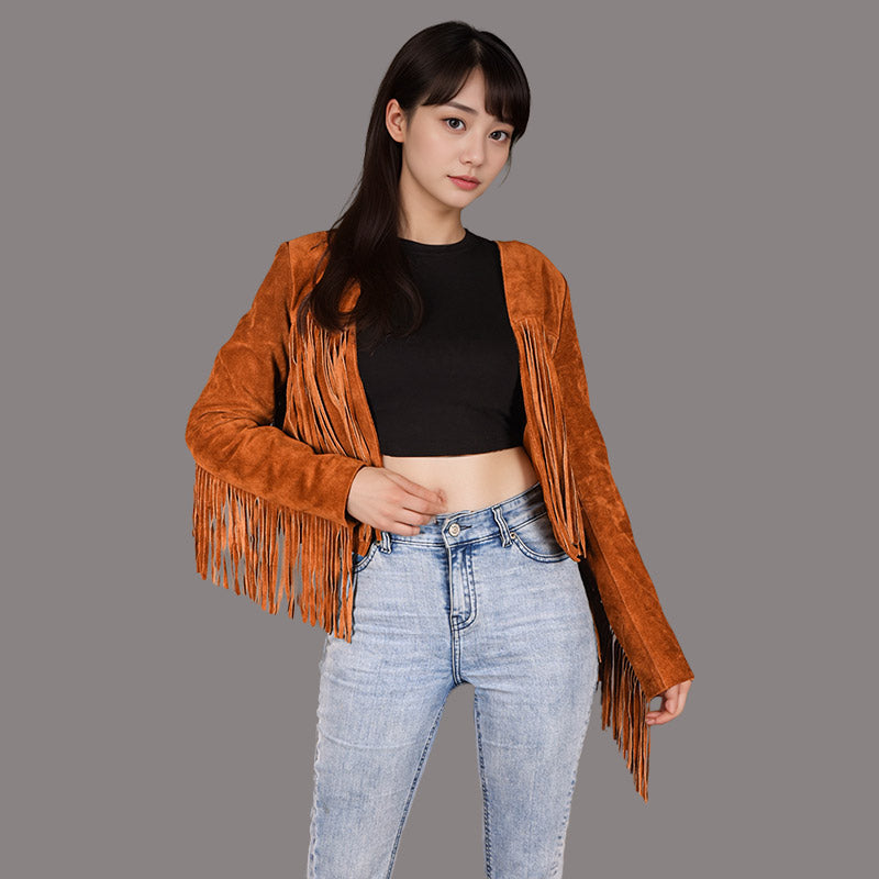 Cropped Leather Fringe Jacket in VAQUERO