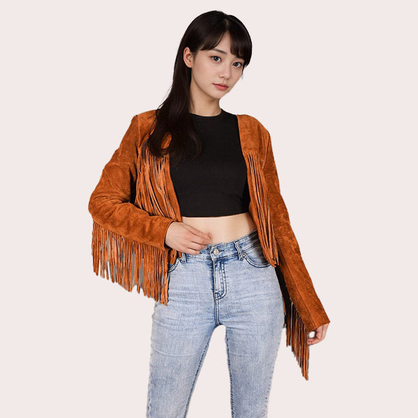 Cropped Leather Fringe Jacket in VAQUERO