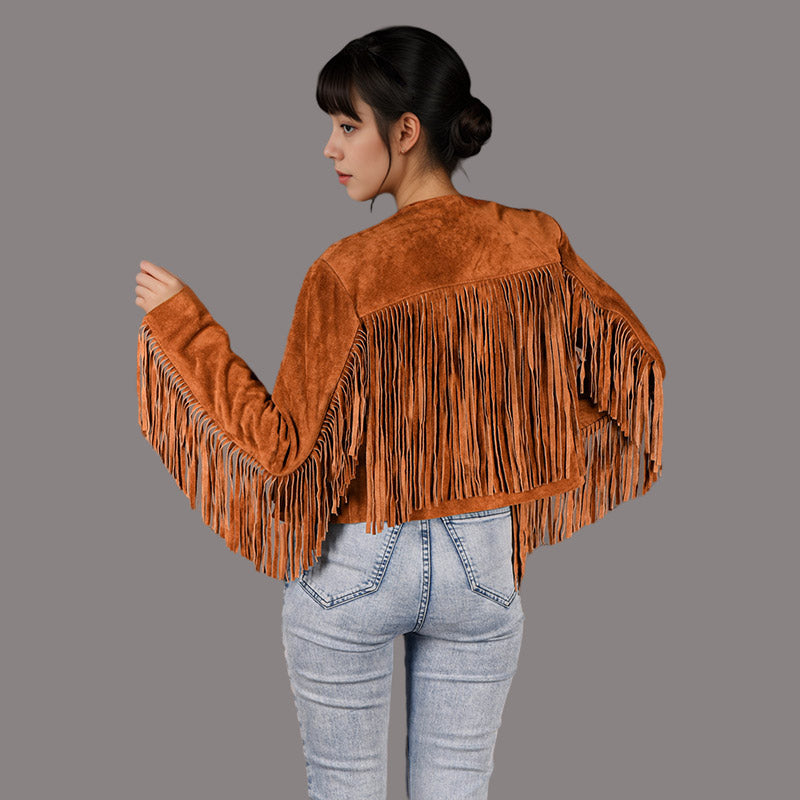 Cropped Leather Fringe Jacket in VAQUERO