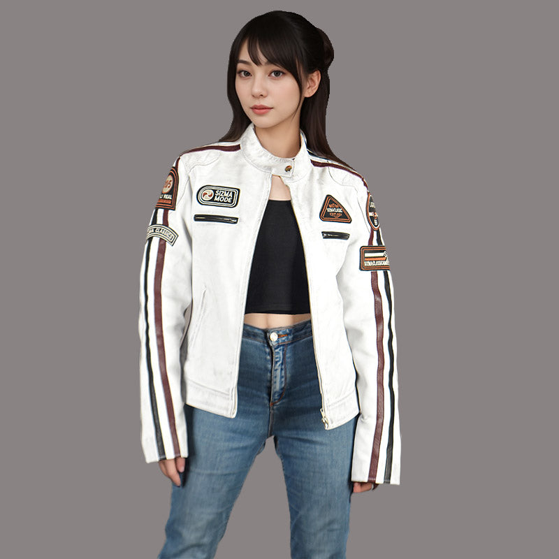 Women Leather Biker Jacket in White SIZMA