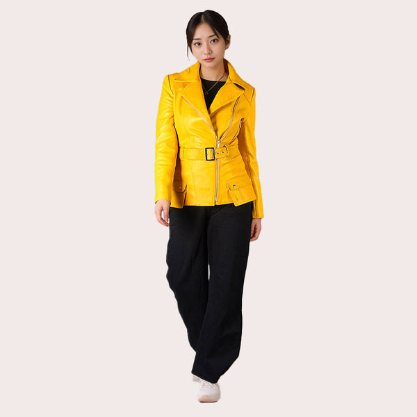 Women Leather Biker Jacket with Belt LINDETH