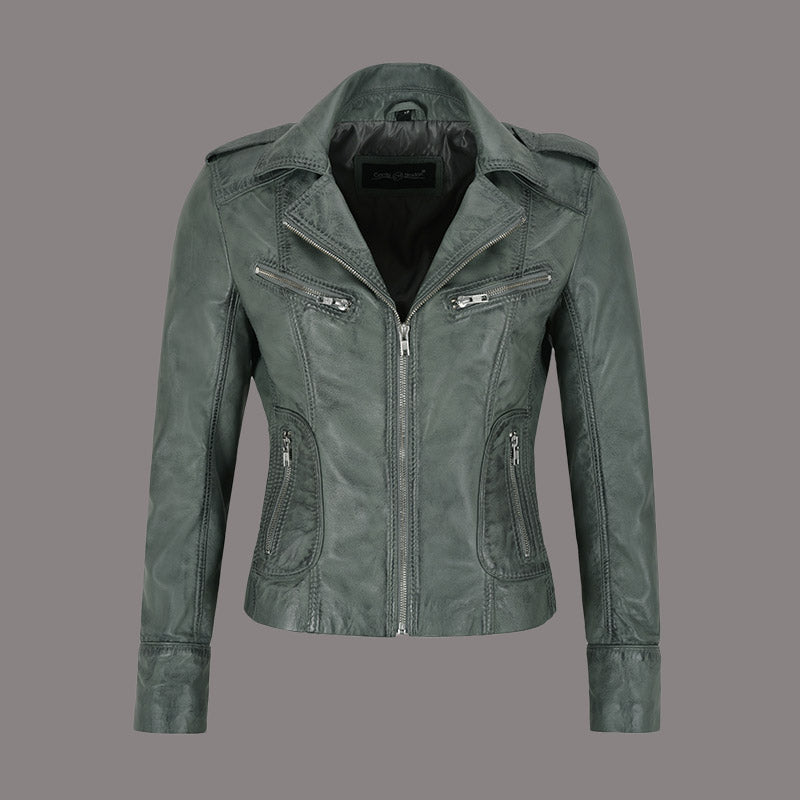 Women Center Zip Leather Biker Jacket NAXBY