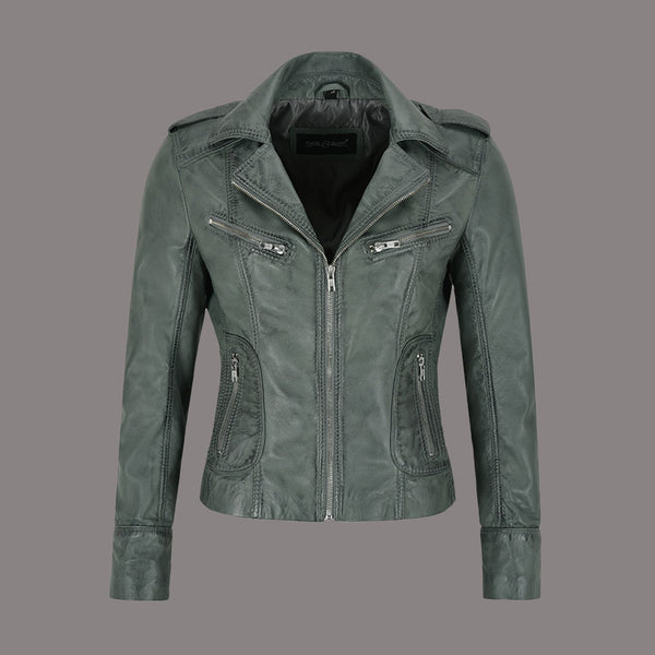 Women Center Zip Leather Biker Jacket NAXBY