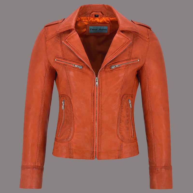 Women Center Zip Leather Biker Jacket NAXBY