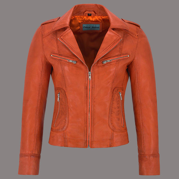 Women Center Zip Leather Biker Jacket NAXBY