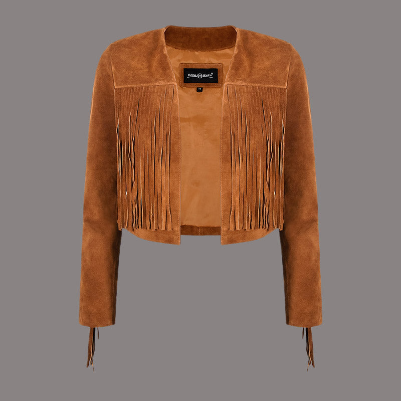 Cropped Leather Fringe Jacket in VAQUERO