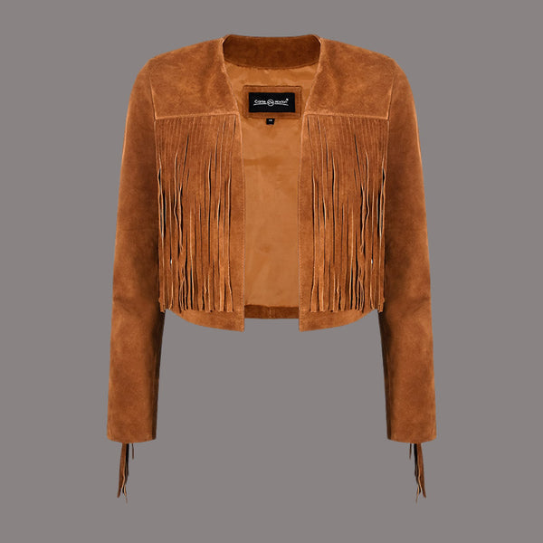 Cropped Leather Fringe Jacket in VAQUERO