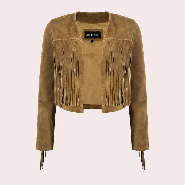 Cropped Leather Fringe Jacket in VAQUERO