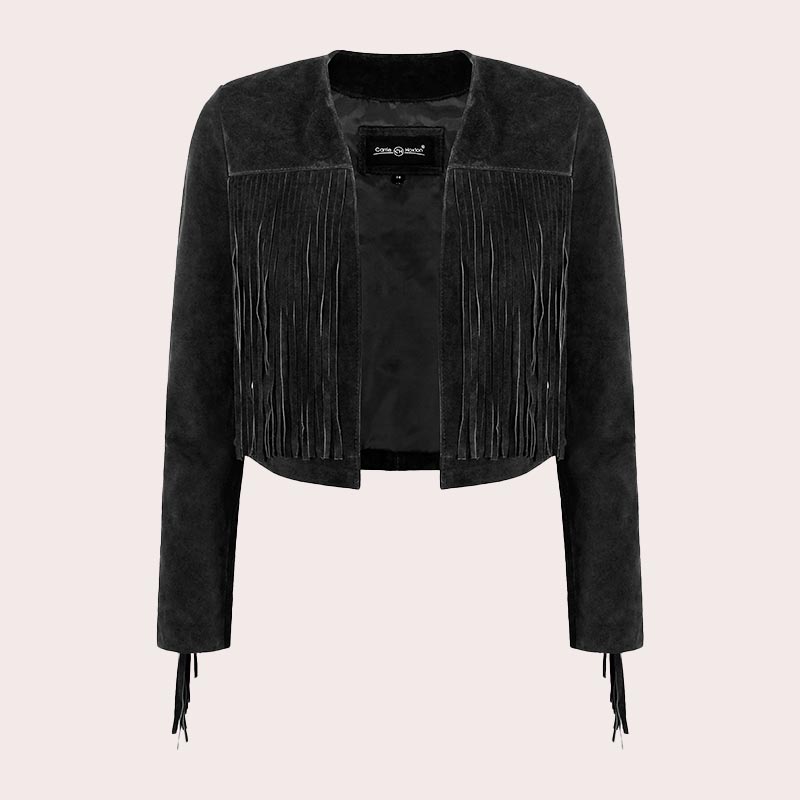 Cropped Leather Fringe Jacket in VAQUERO