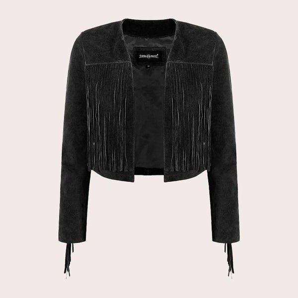 Cropped Leather Fringe Jacket in VAQUERO