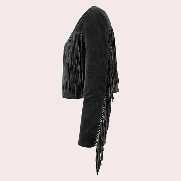 Cropped Leather Fringe Jacket in VAQUERO