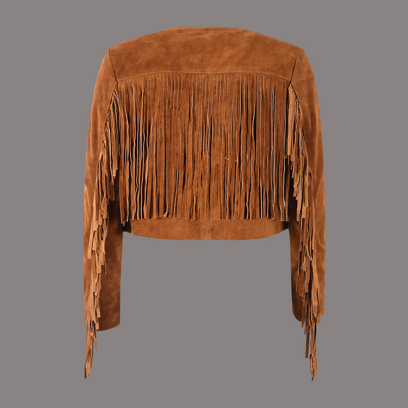 Cropped Leather Fringe Jacket in VAQUERO