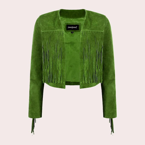 Cropped Leather Fringe Jacket in VAQUERO