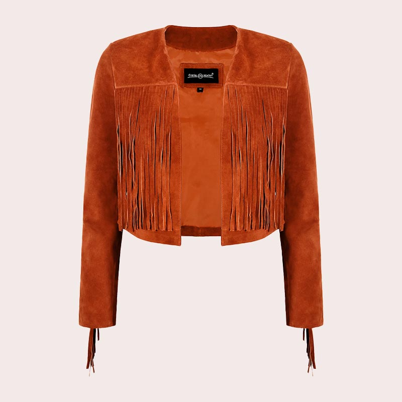 Cropped Leather Fringe Jacket in VAQUERO