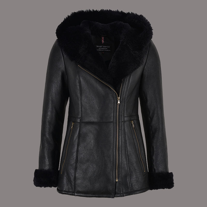 Women Hooded Sheepskin Coat AMBRHIL - Black