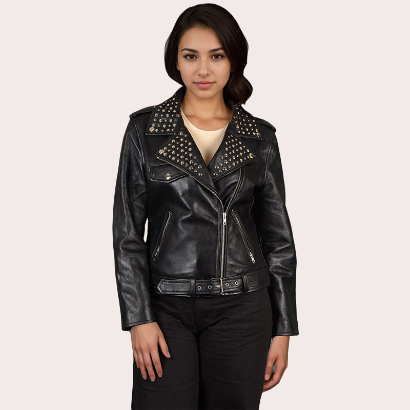 Studded Leather Biker Jacket in Black For Women NOIR
