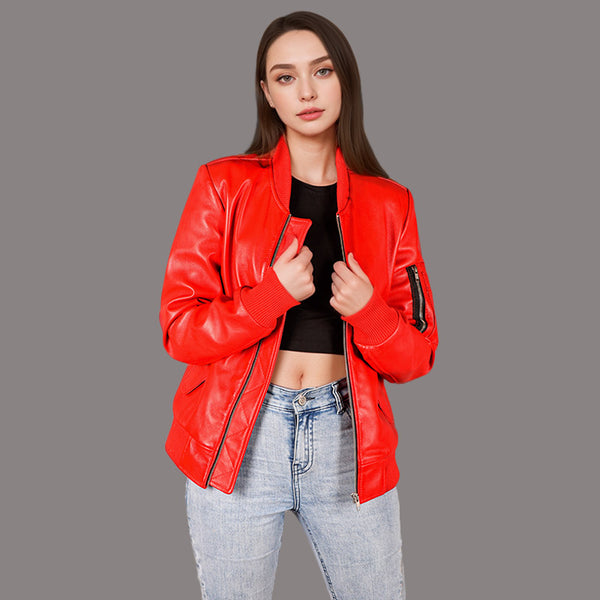 women red leather bomber jacket