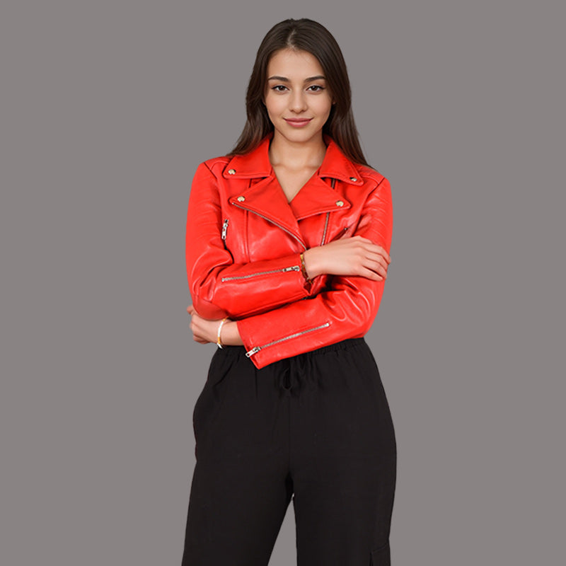 Women Short Cropped Leather Biker Jacket JEMINA