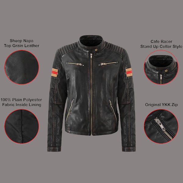 Women Distressed Black Leather Biker Jacket NARVEN