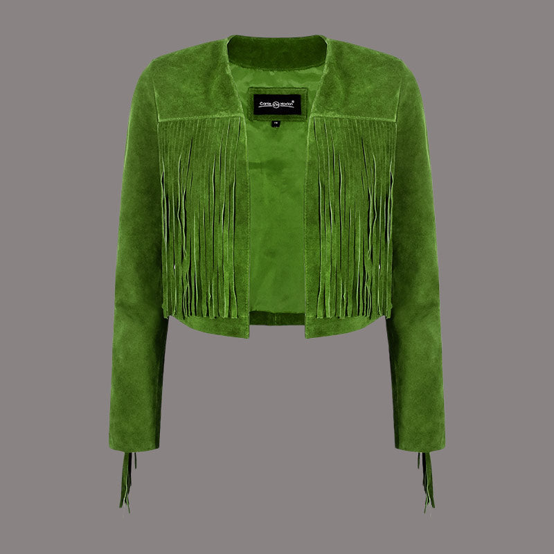 Cropped Leather Fringe Jacket in VAQUERO