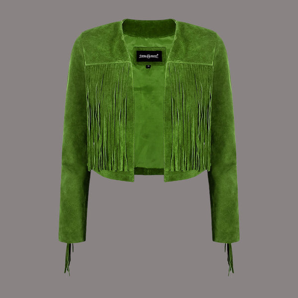 Cropped Leather Fringe Jacket in VAQUERO