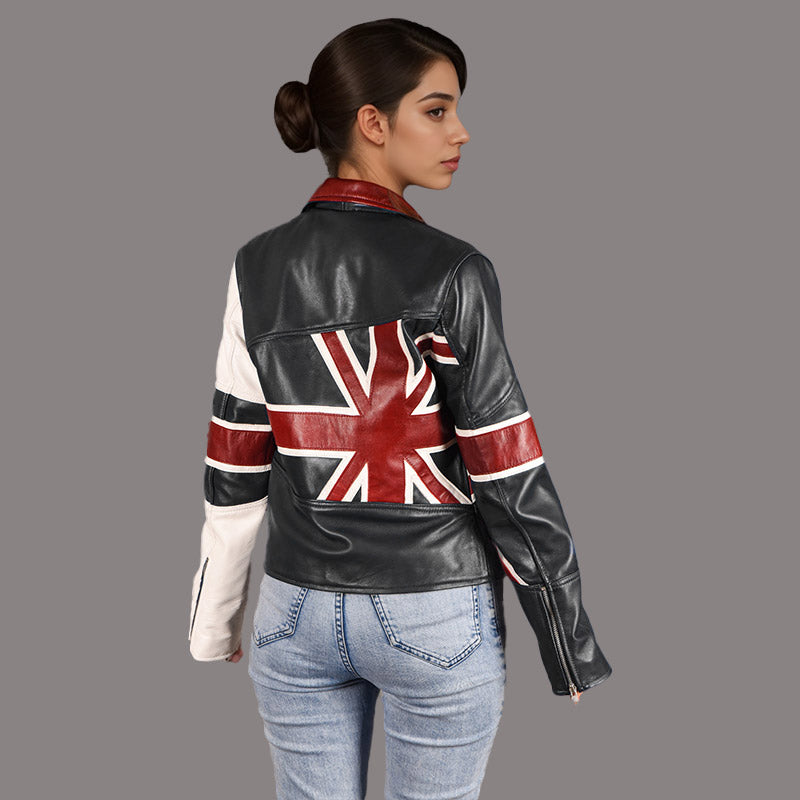 UNION JACK Women Leather Biker Jacket