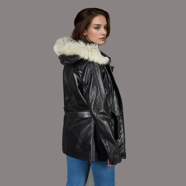 Women Hooded Leather Coat in Black LAKEHURST