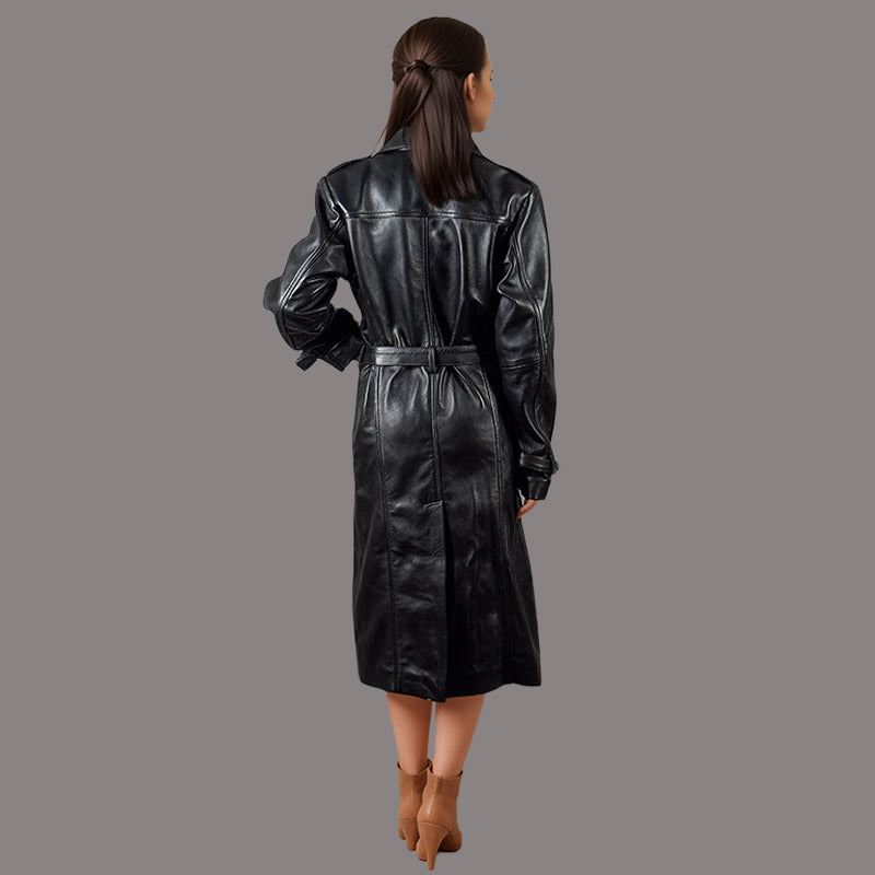 Women Oversized Leather Trench Coat Black ALLURE