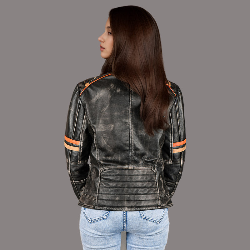 Women Waxed Leather Motorcycle Jacket VIGOR