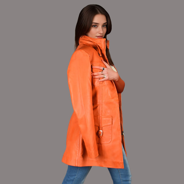 Women Leather Coat Long Jacket FLINTON