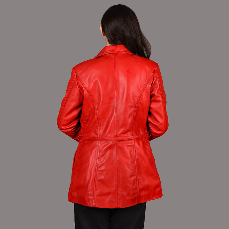 Women Leather Coat with Tie Belt JOCELYN