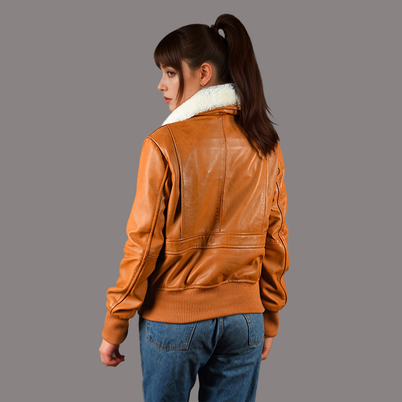 Women's Leather Bomber Jacket with Fur Collar KORVALE