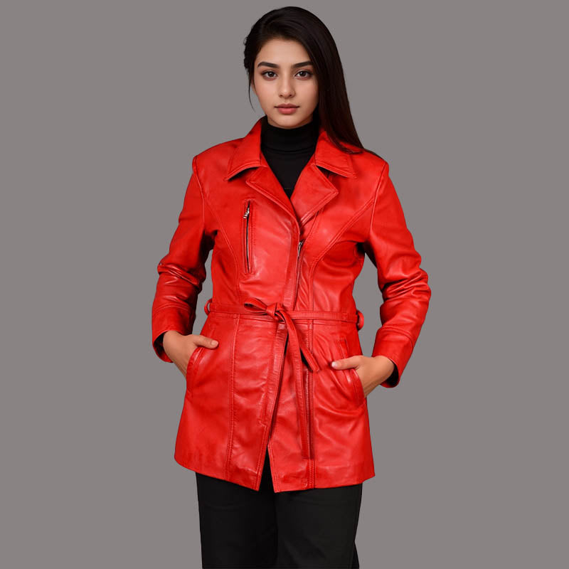 Women Leather Coat with Tie Belt JOCELYN